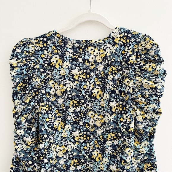 Ann Taylor LOFT Ditsy Floral Blue & Yellow Smocked Career Blouse Size Medium - Picture 6 of 9